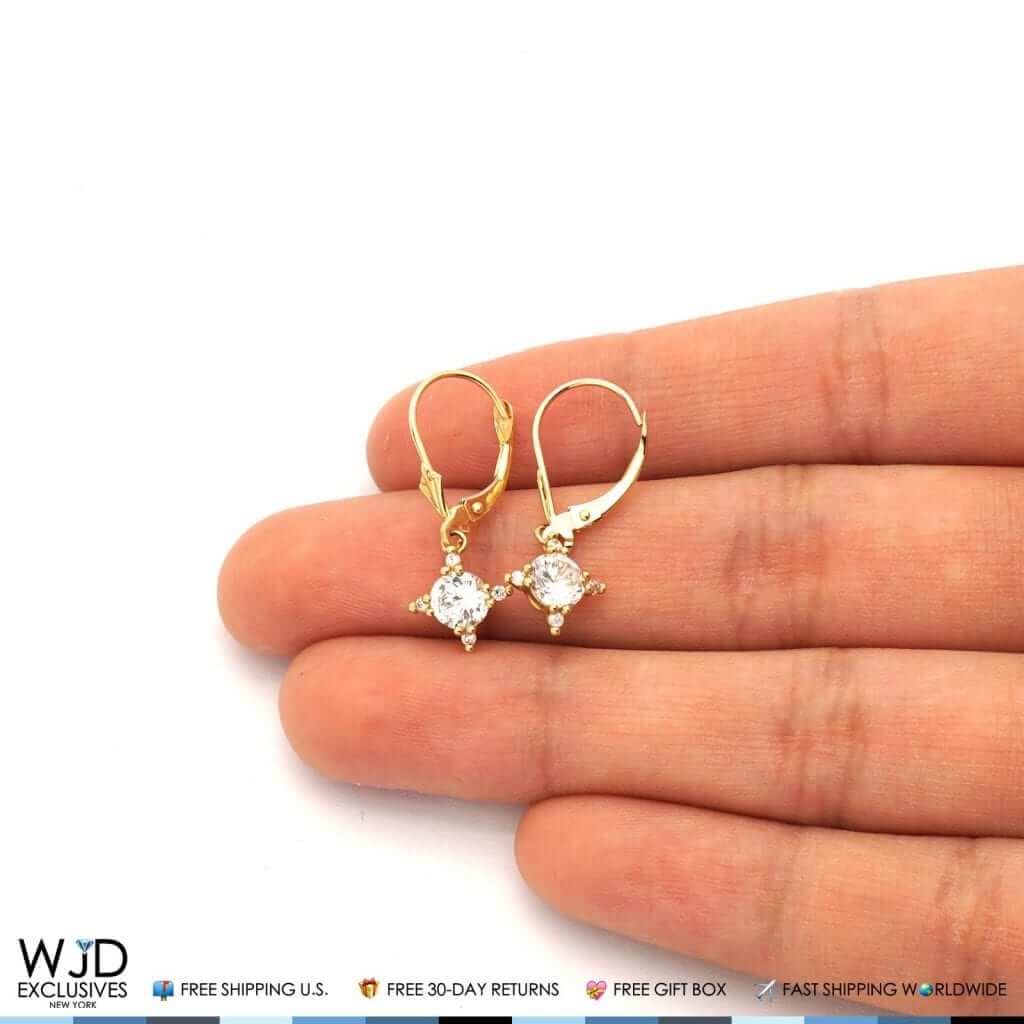 14K Yellow Gold CZ Dangle Drop Leverback Earrings 1.60Ct