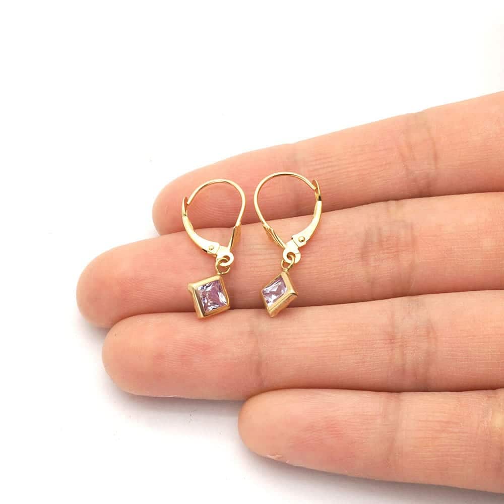 14k Yellow Gold Bezel Princess Cut Birthstone Drop Leverback Earrings