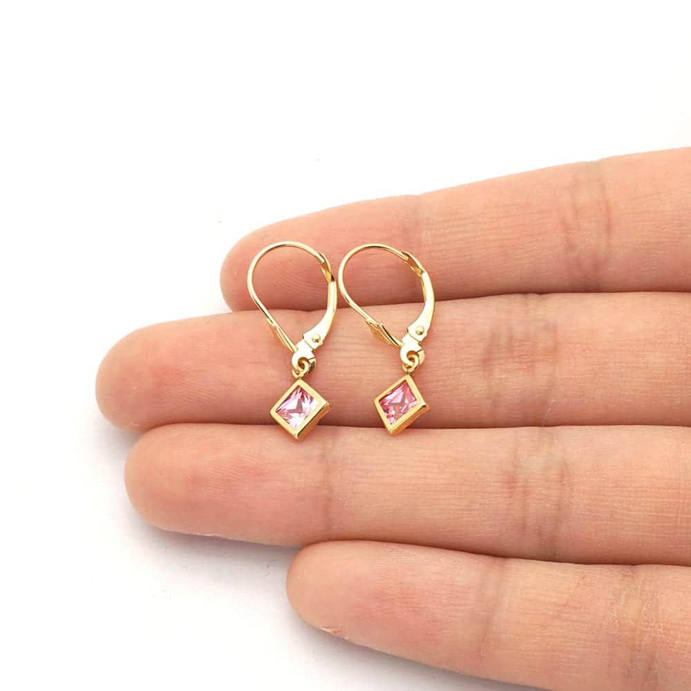 14k Yellow Gold Bezel Princess Cut Birthstone Drop Leverback Earrings