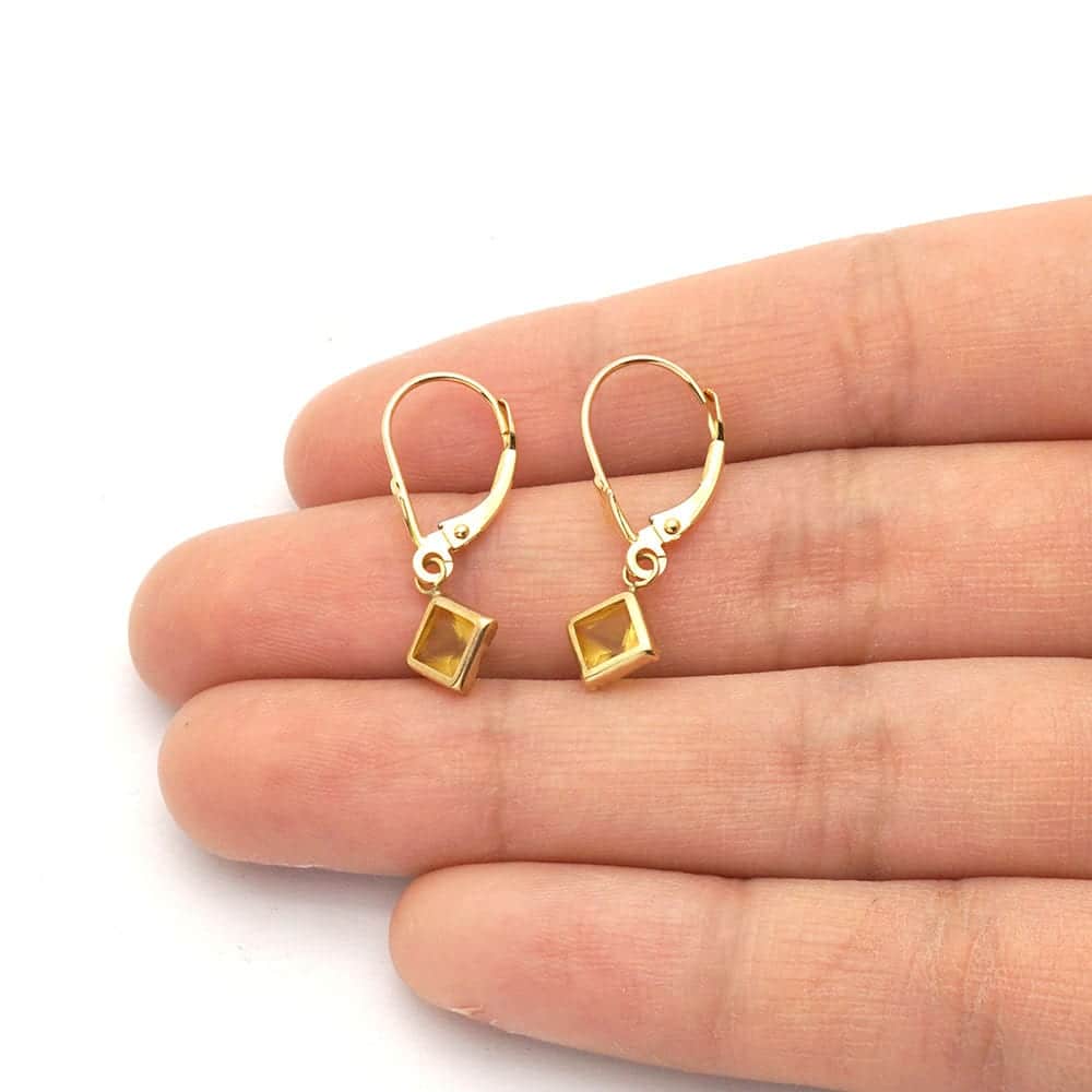 14k Yellow Gold Bezel Princess Cut Birthstone Drop Leverback Earrings