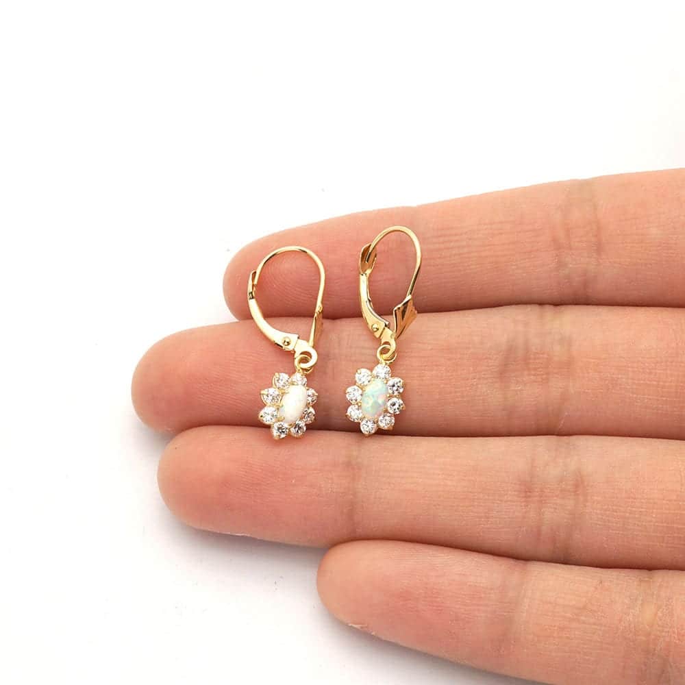 14k Yellow Gold Oval White Fire Opal Created Diamond Leverback Earrings