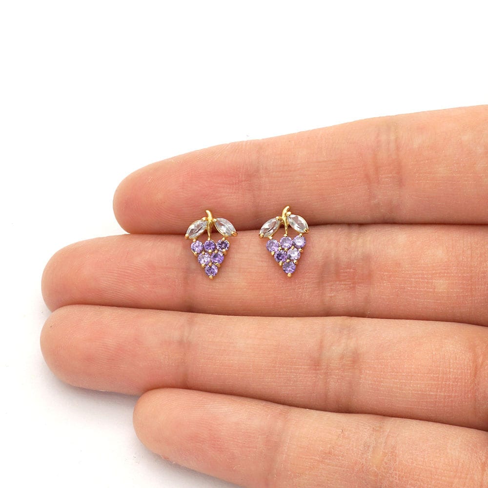 14k Yellow Gold Amethyst & Ruby Grapes Stud Screwback Earrings