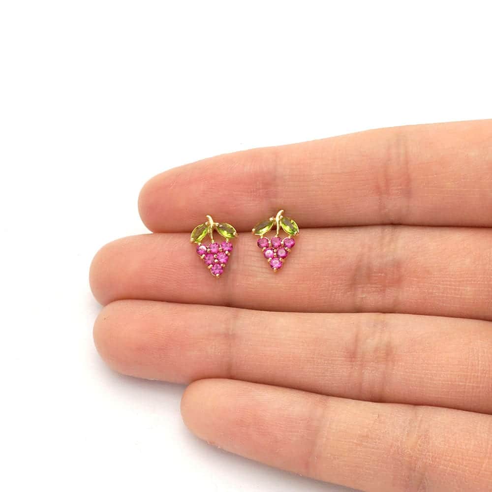 14k Yellow Gold Amethyst & Ruby Grapes Stud Screwback Earrings