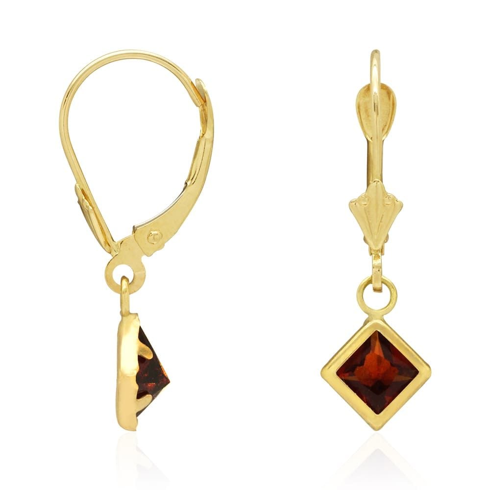 14k Yellow Gold Bezel Princess Cut Birthstone Drop Leverback Earrings
