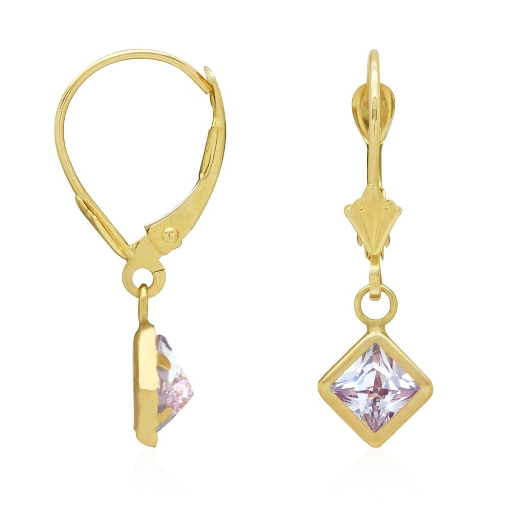 14k Yellow Gold Bezel Princess Cut Birthstone Drop Leverback Earrings