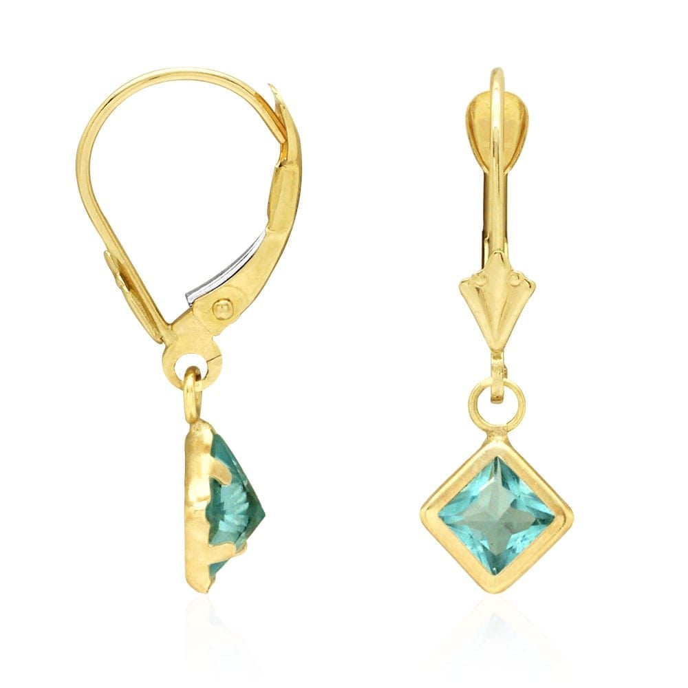 14k Yellow Gold Bezel Princess Cut Birthstone Drop Leverback Earrings