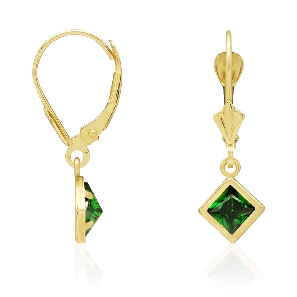 14k Yellow Gold Bezel Princess Cut Birthstone Drop Leverback Earrings