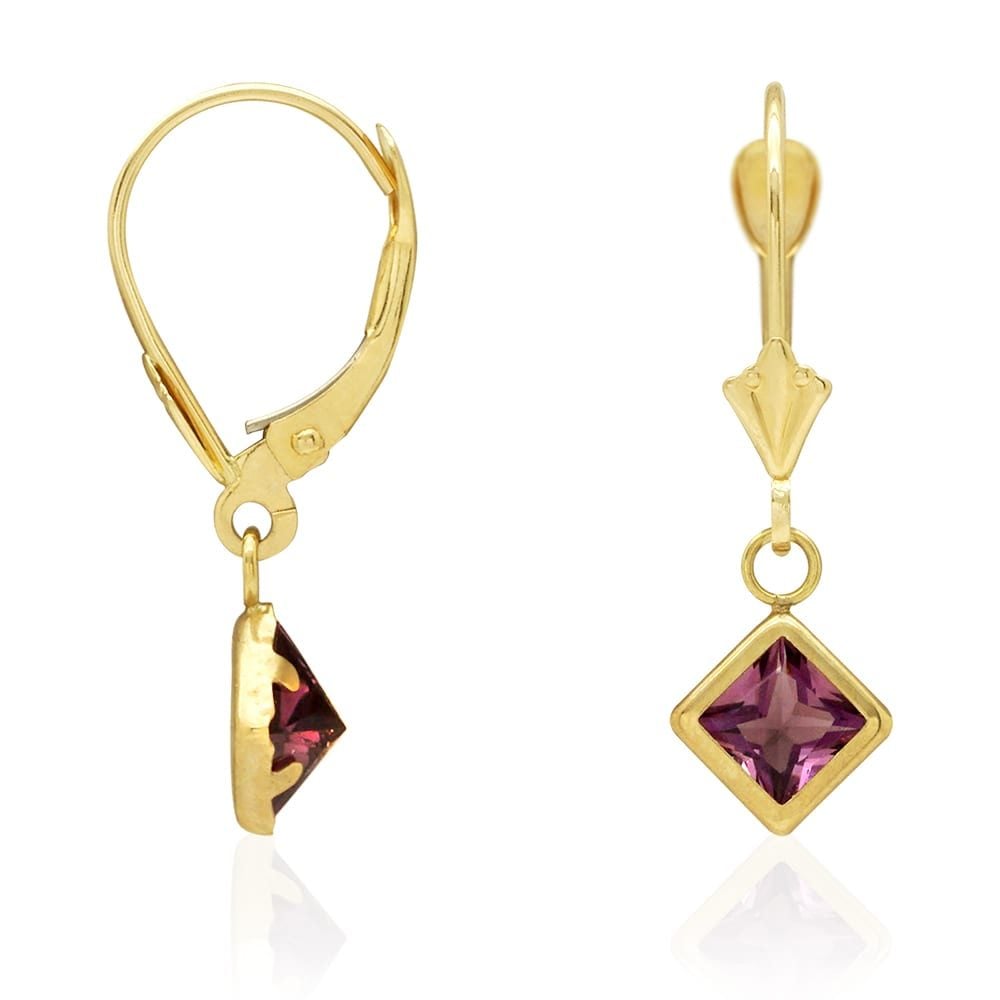 14k Yellow Gold Bezel Princess Cut Birthstone Drop Leverback Earrings