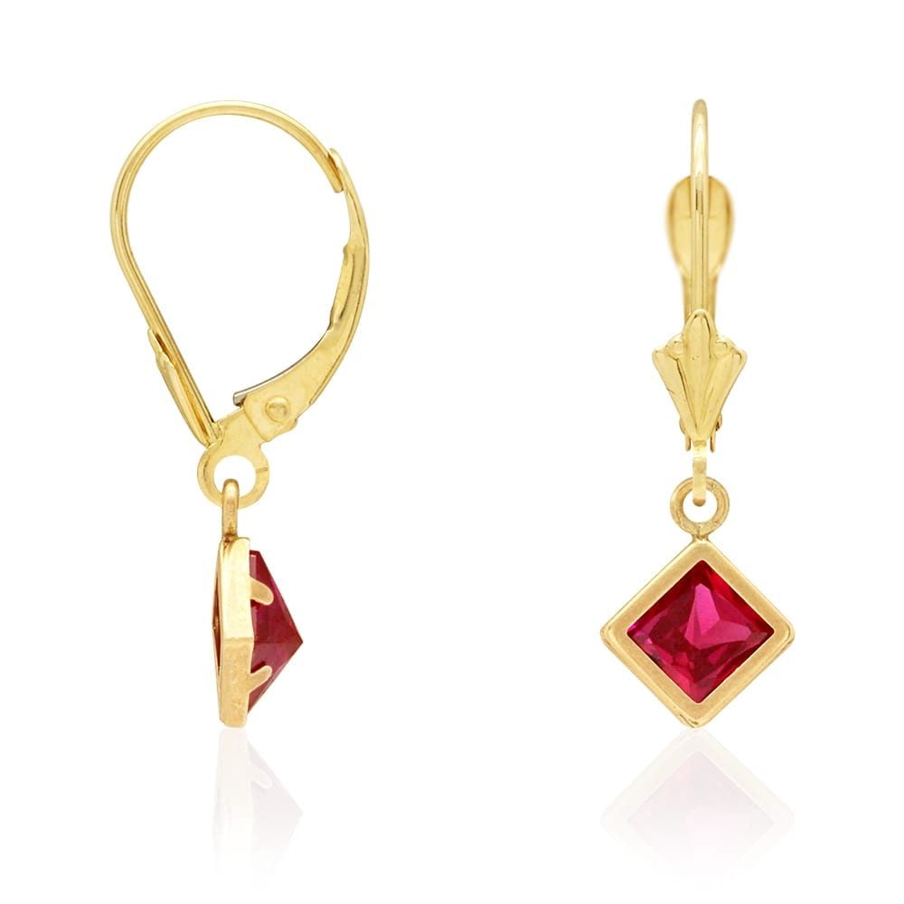 14k Yellow Gold Bezel Princess Cut Birthstone Drop Leverback Earrings