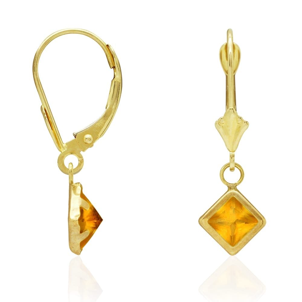 14k Yellow Gold Bezel Princess Cut Birthstone Drop Leverback Earrings