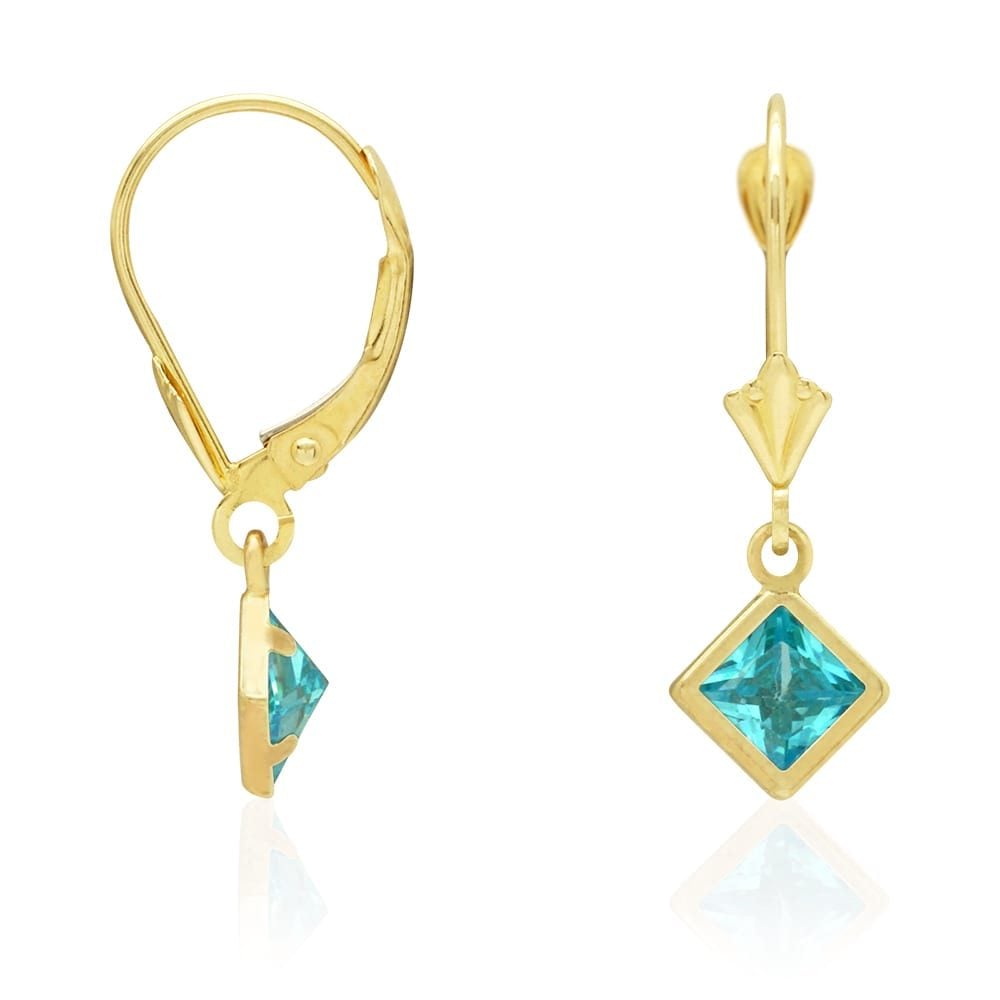 14k Yellow Gold Bezel Princess Cut Birthstone Drop Leverback Earrings