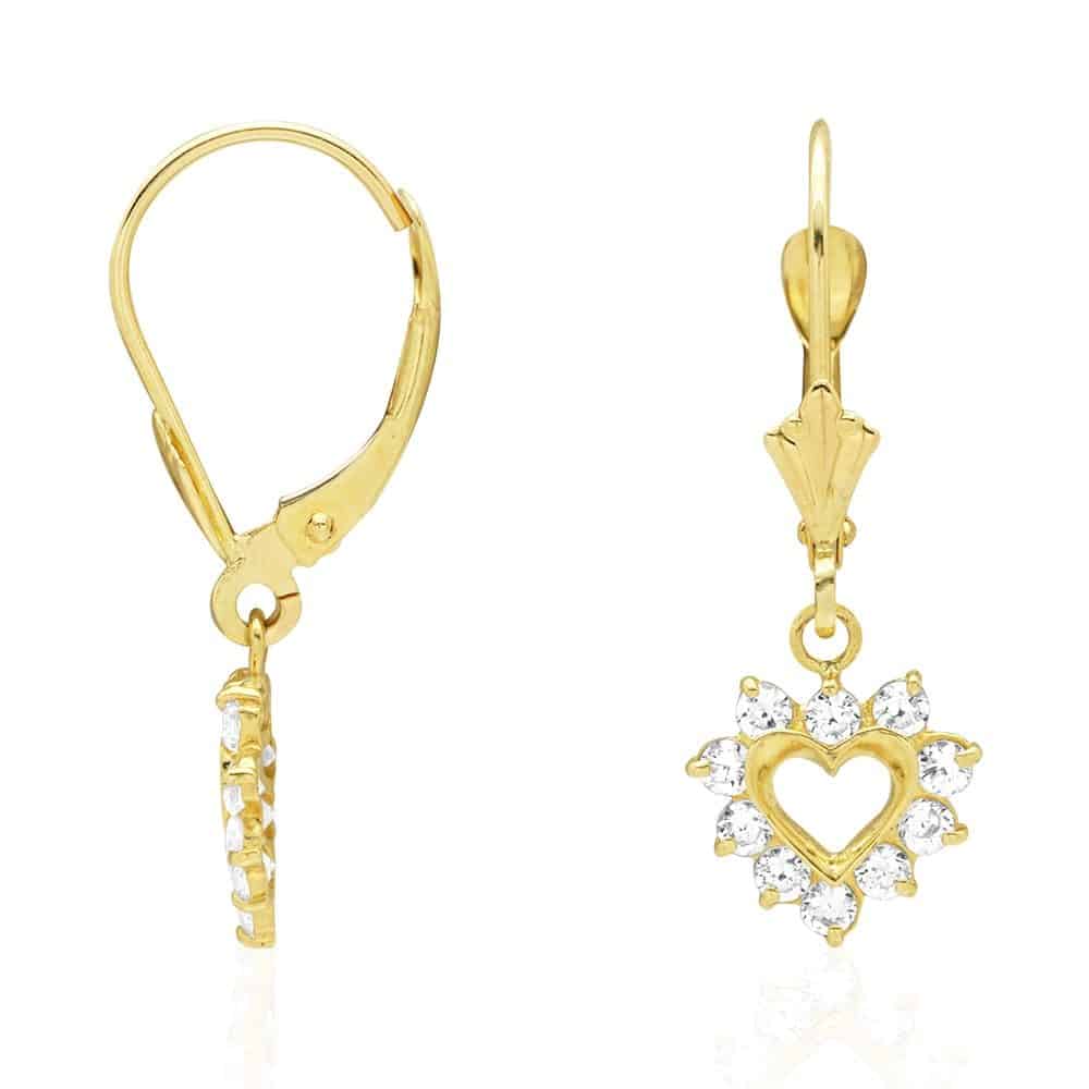 14k Gold Heart Ruby CZ Drop Leverback Earrings