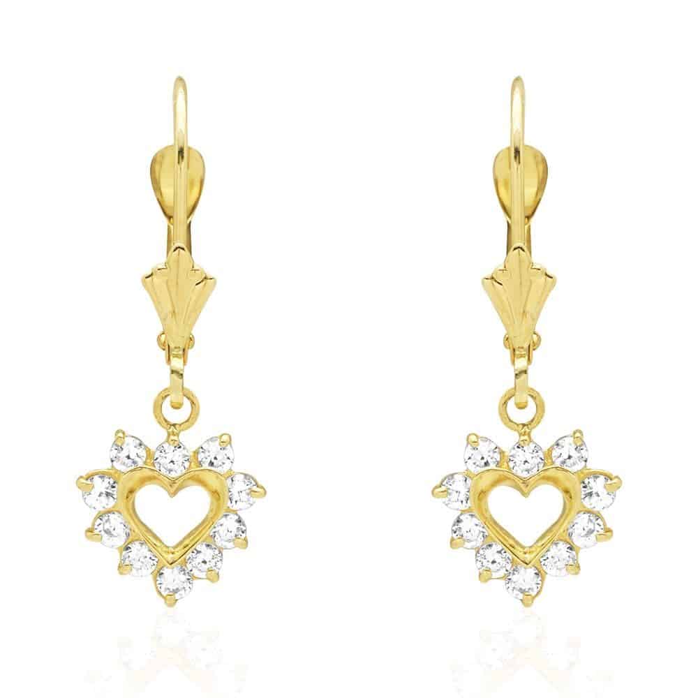 14k Gold Heart Ruby CZ Drop Leverback Earrings