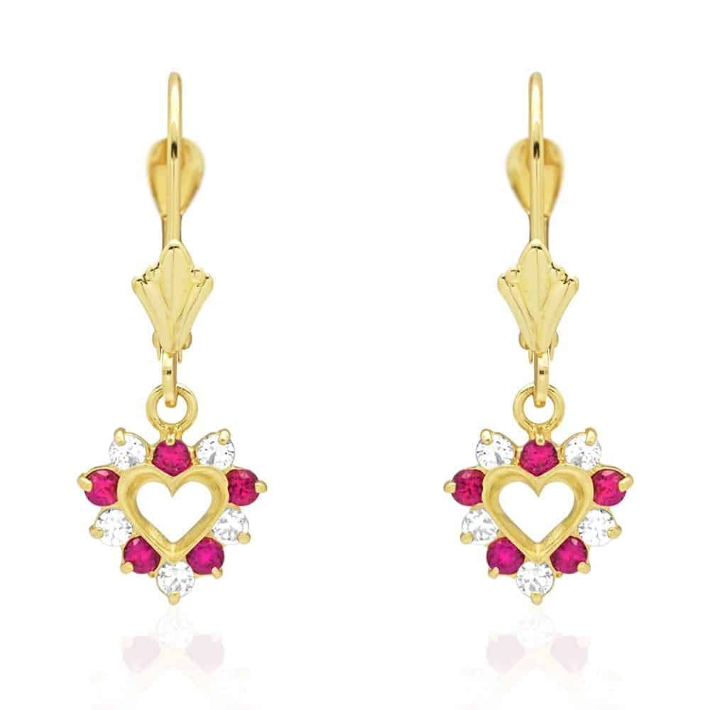 14k Gold Heart Ruby CZ Drop Leverback Earrings