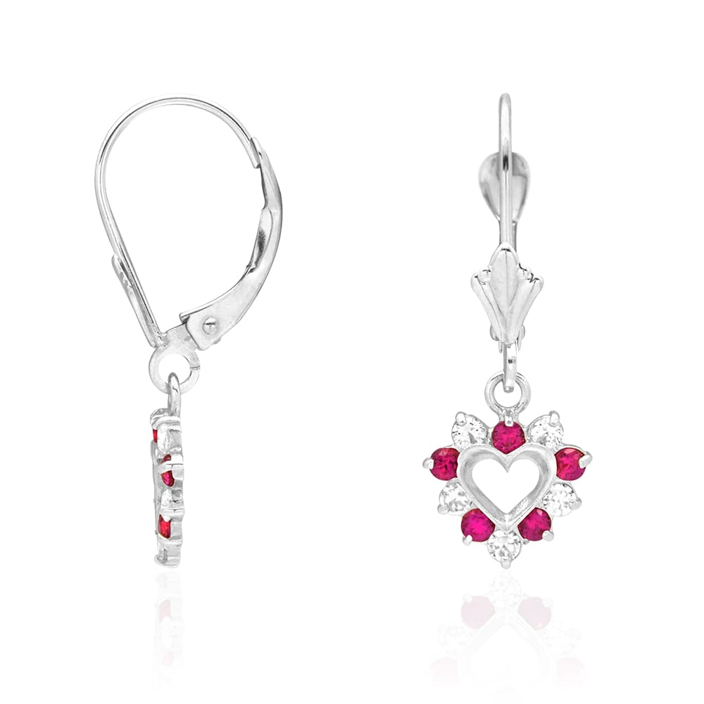 14k Gold Heart Ruby CZ Drop Leverback Earrings