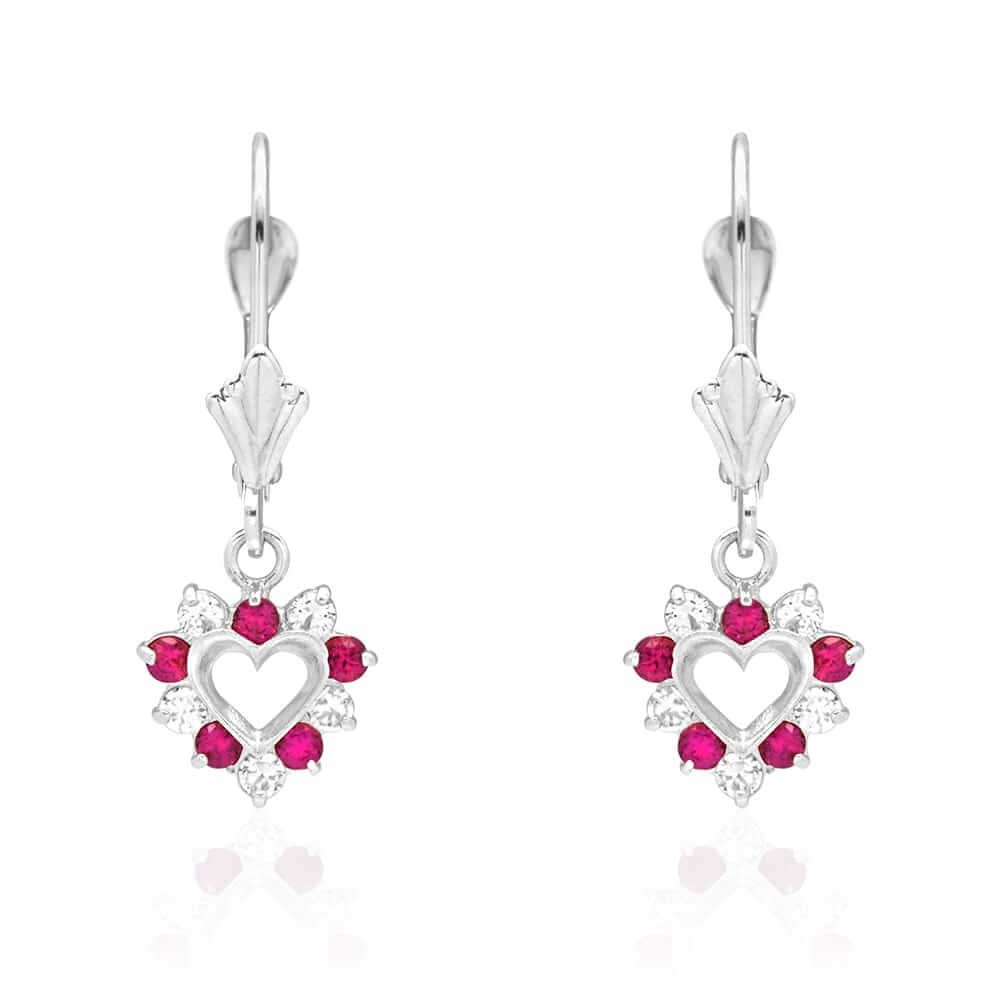 14k Gold Heart Ruby CZ Drop Leverback Earrings