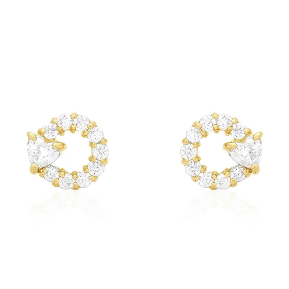 14k Yellow Gold Ruby Pink Tourmaline Heart & Zircon Circle Screwback Stud