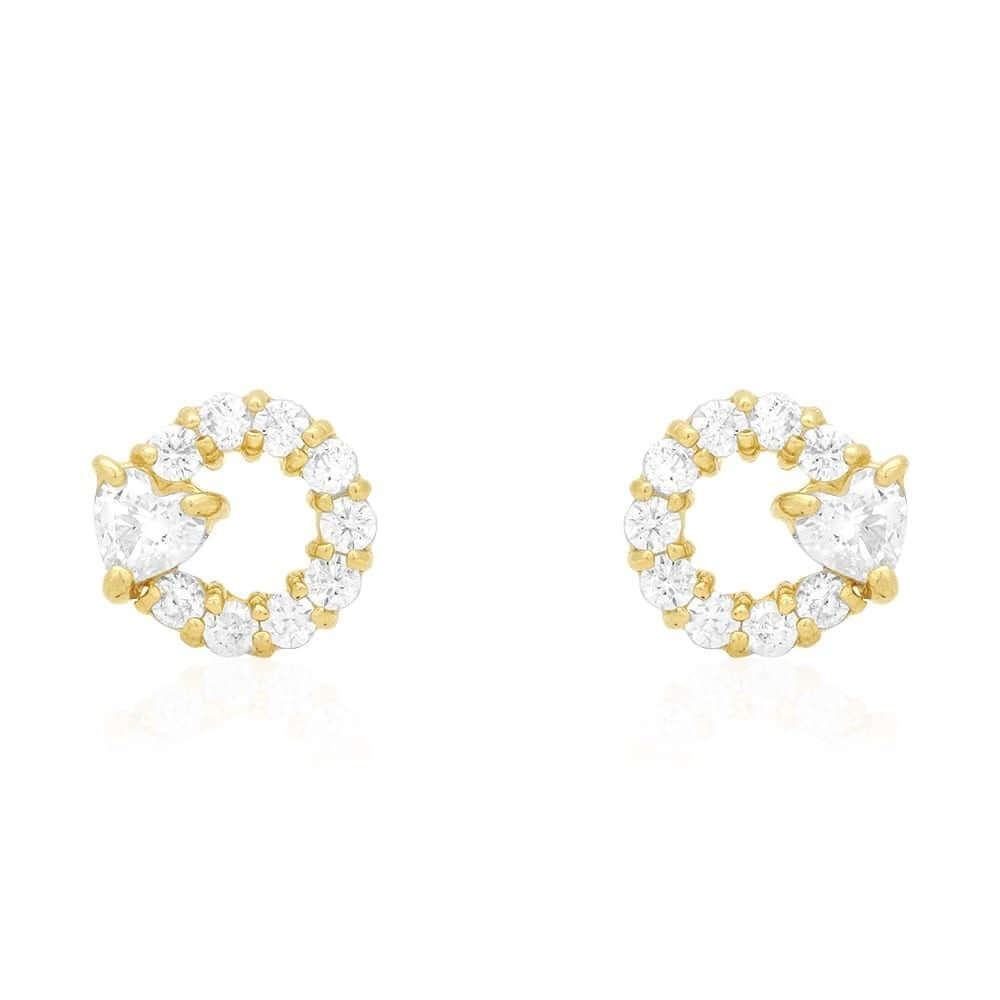 14k Yellow Gold Ruby Pink Tourmaline Heart & Zircon Circle Screwback Stud Earrings
