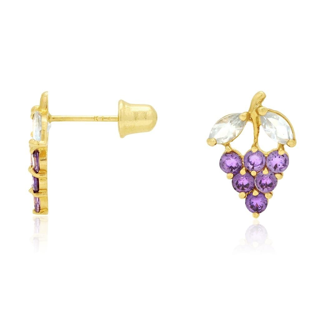 14k Yellow Gold Amethyst & Ruby Grapes Stud Screwback Earrings