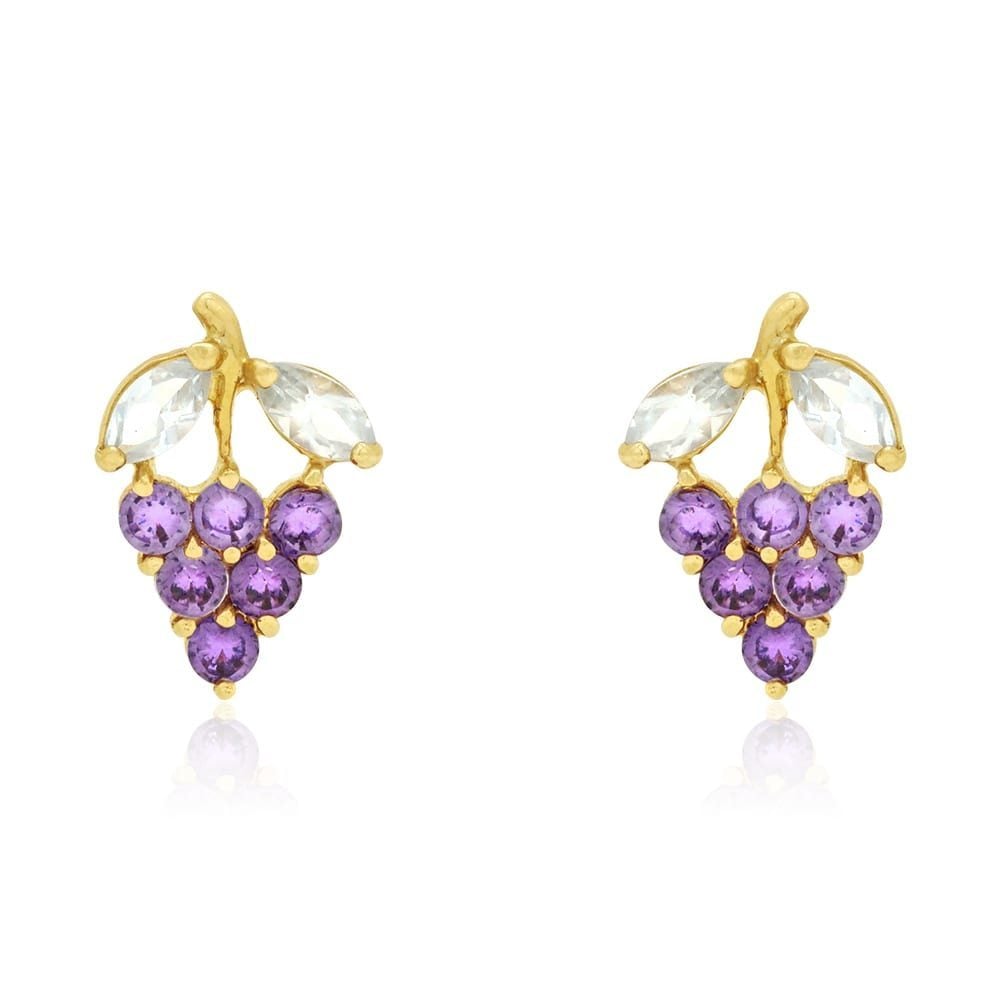 14k Yellow Gold Amethyst & Ruby Grapes Stud Screwback Earrings