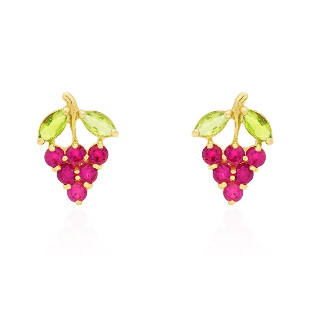 14k Yellow Gold Amethyst & Ruby Grapes Stud Screwback Earrings
