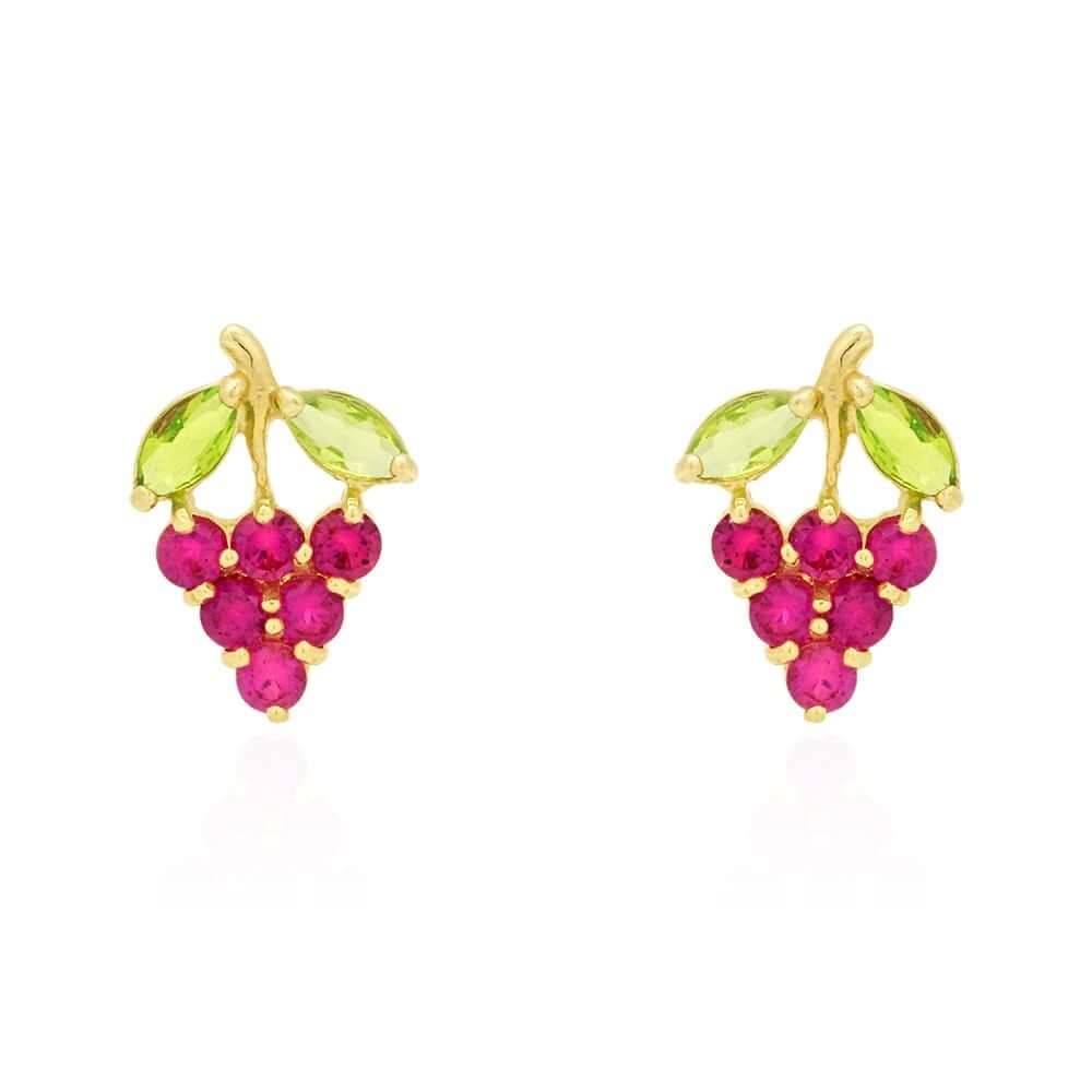 14k Yellow Gold Amethyst & Ruby Grapes Stud Screwback Earrings