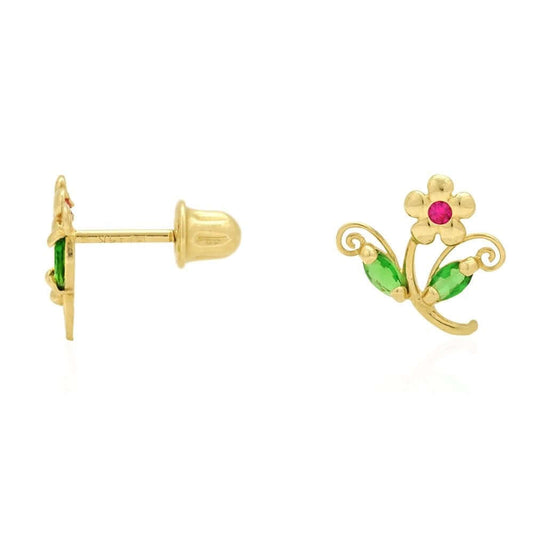 14k Yellow Gold Ruby & Emerald Filigree Flower Shaped Stud Screw-back Earrings