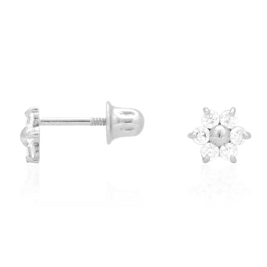 14k White Gold Round White Zircon Flower Stud Screw Back Earrings