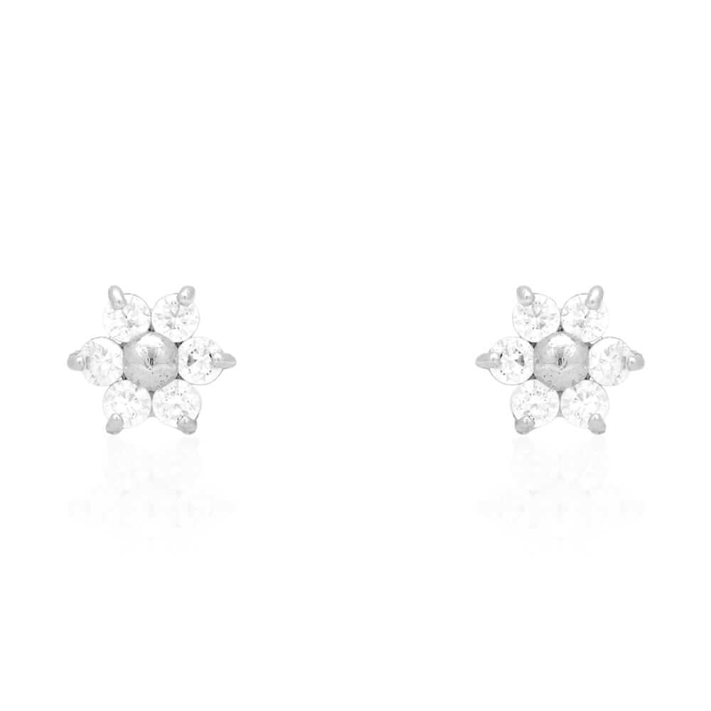 14k White Gold Round White Zircon Flower Stud Screw Back Earrings