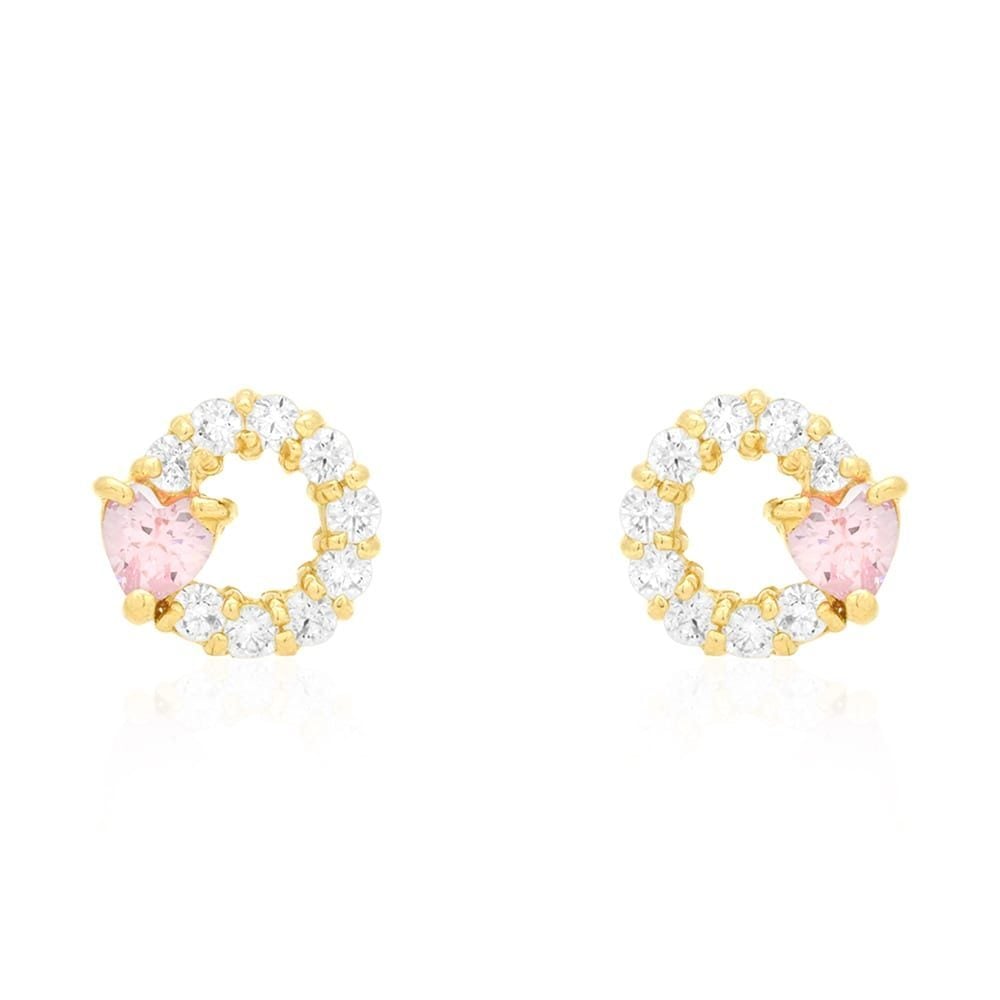 14k Yellow Gold Ruby Pink Tourmaline Heart & Zircon Circle Screwback Stud