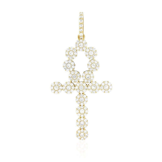 14k Yellow Gold 5Ct CZ Cluster Segmented Ankh Cross Pendant