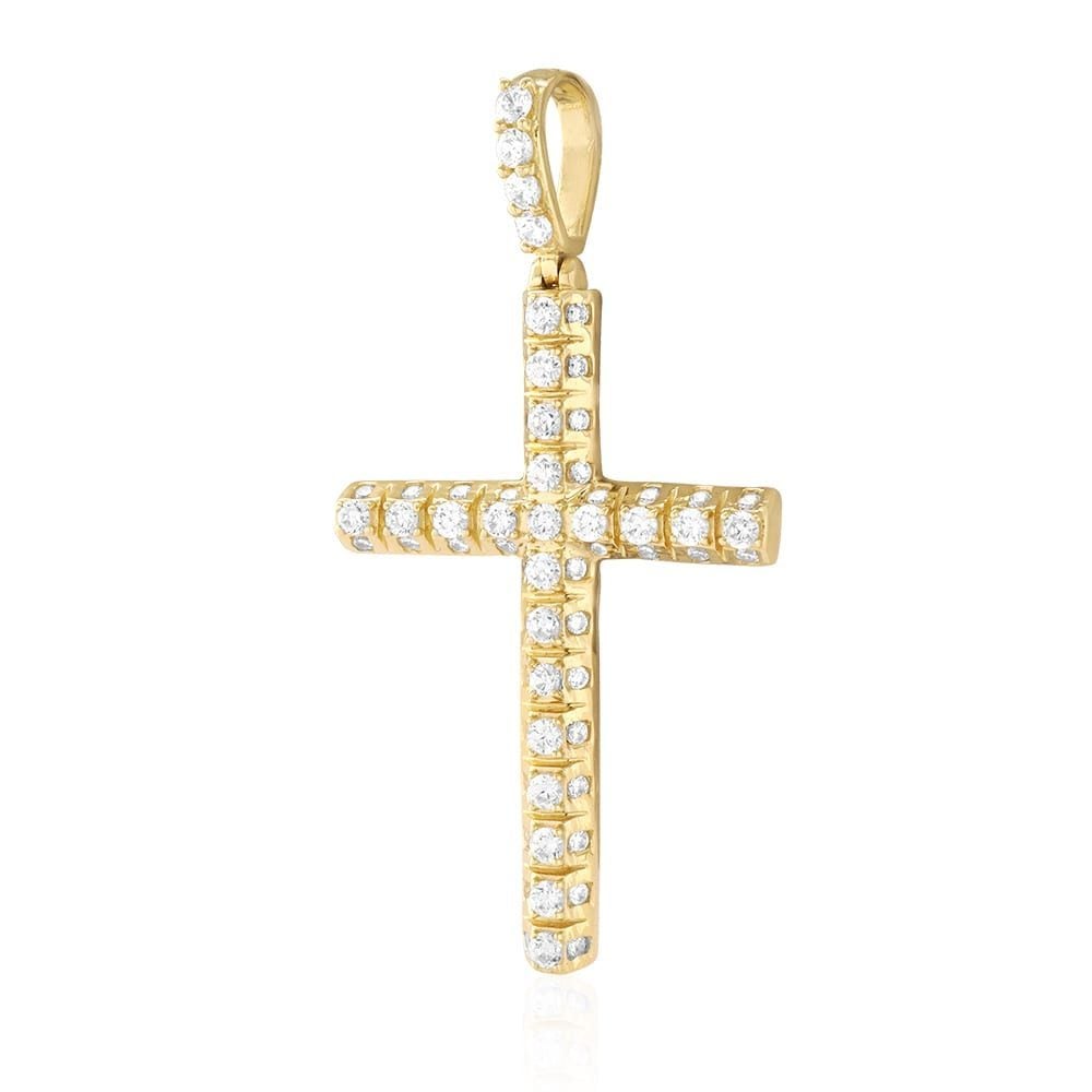 14k Solid Yellow Gold 3Ct Created Diamond Segmented Religious Cross Pendant