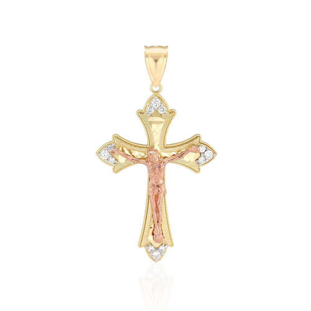 14k Yellow Rose White Gold 1Ct CZ Cut Jesus Crucifix Pendant