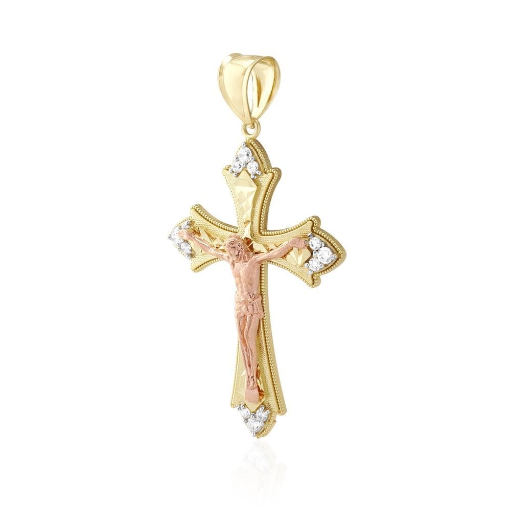 14k Yellow Rose White Gold 1Ct CZ Cut Jesus Crucifix Pendant