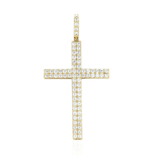 14K Yellow Gold 5Ct CZ Two Row Religious Cross Pendant