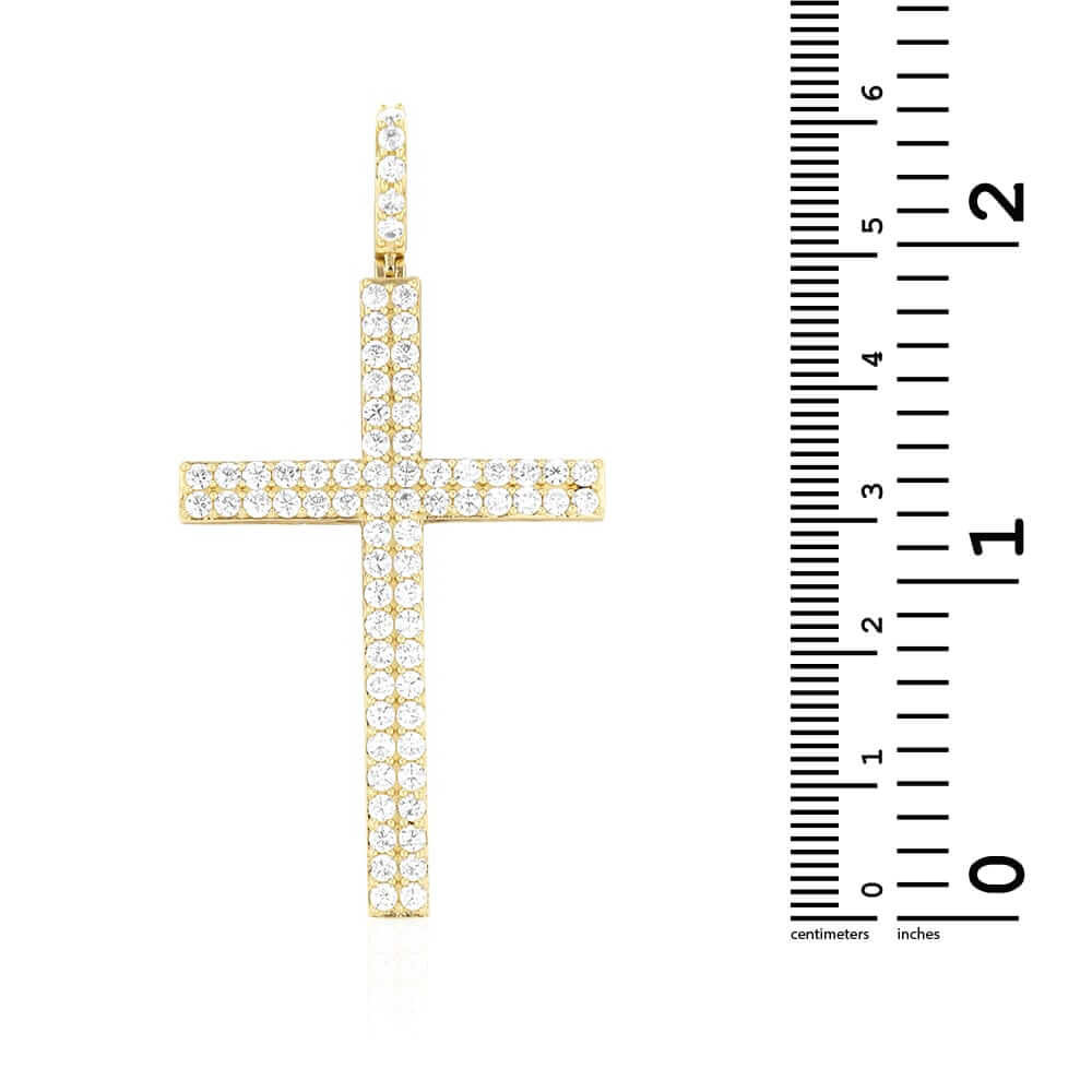 14K Yellow Gold 5Ct CZ Two Row Religious Cross Pendant