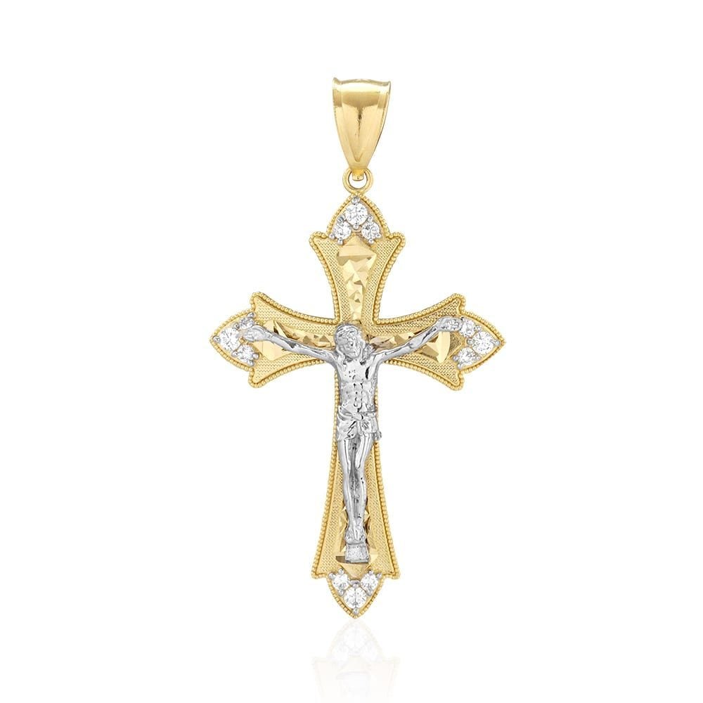 14k Yellow Rose White Gold 1Ct CZ Cut Jesus Crucifix Pendant