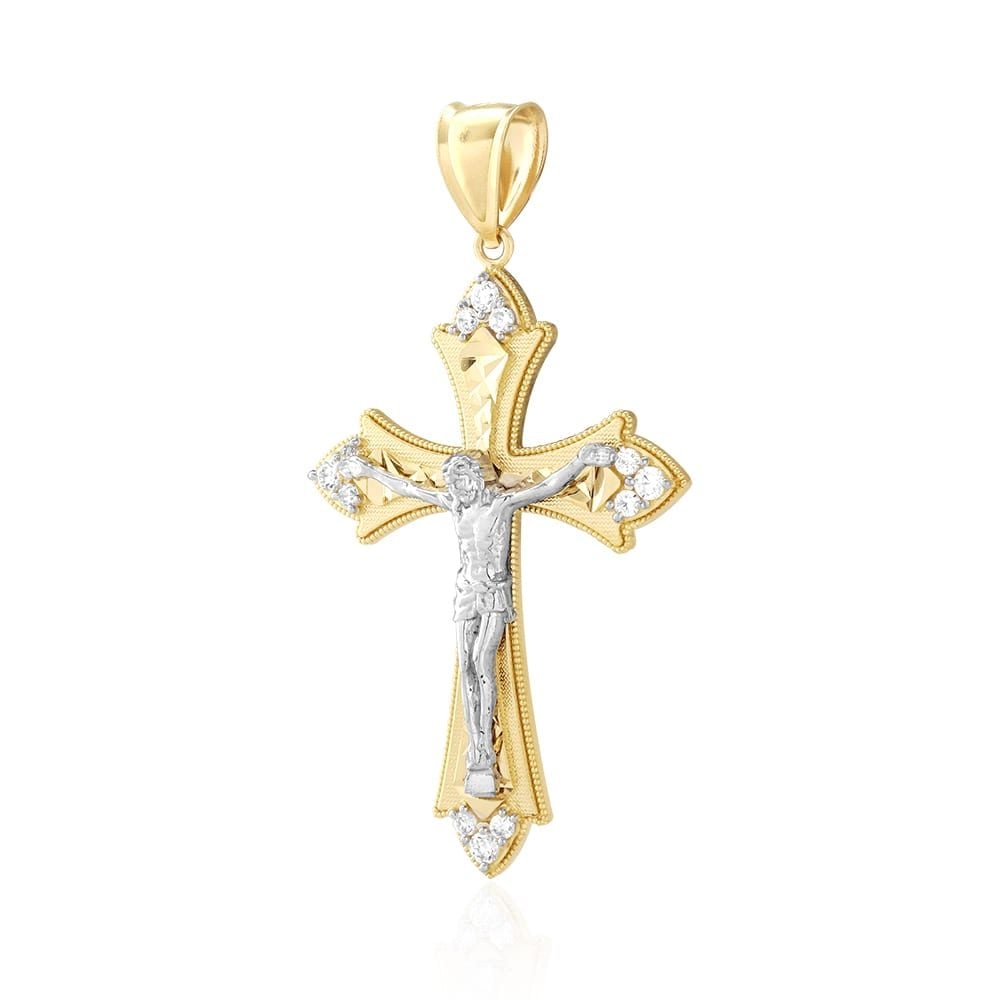 14k Yellow Rose White Gold 1Ct CZ Cut Jesus Crucifix Pendant