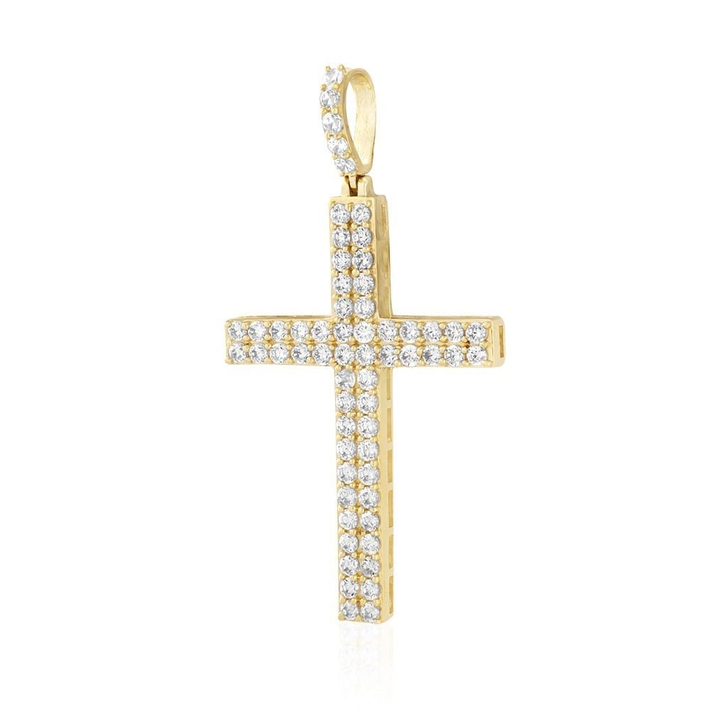 14k Solid Yellow Gold 1.75Ct Created Diamond Religious Cross Pendant 1.6"