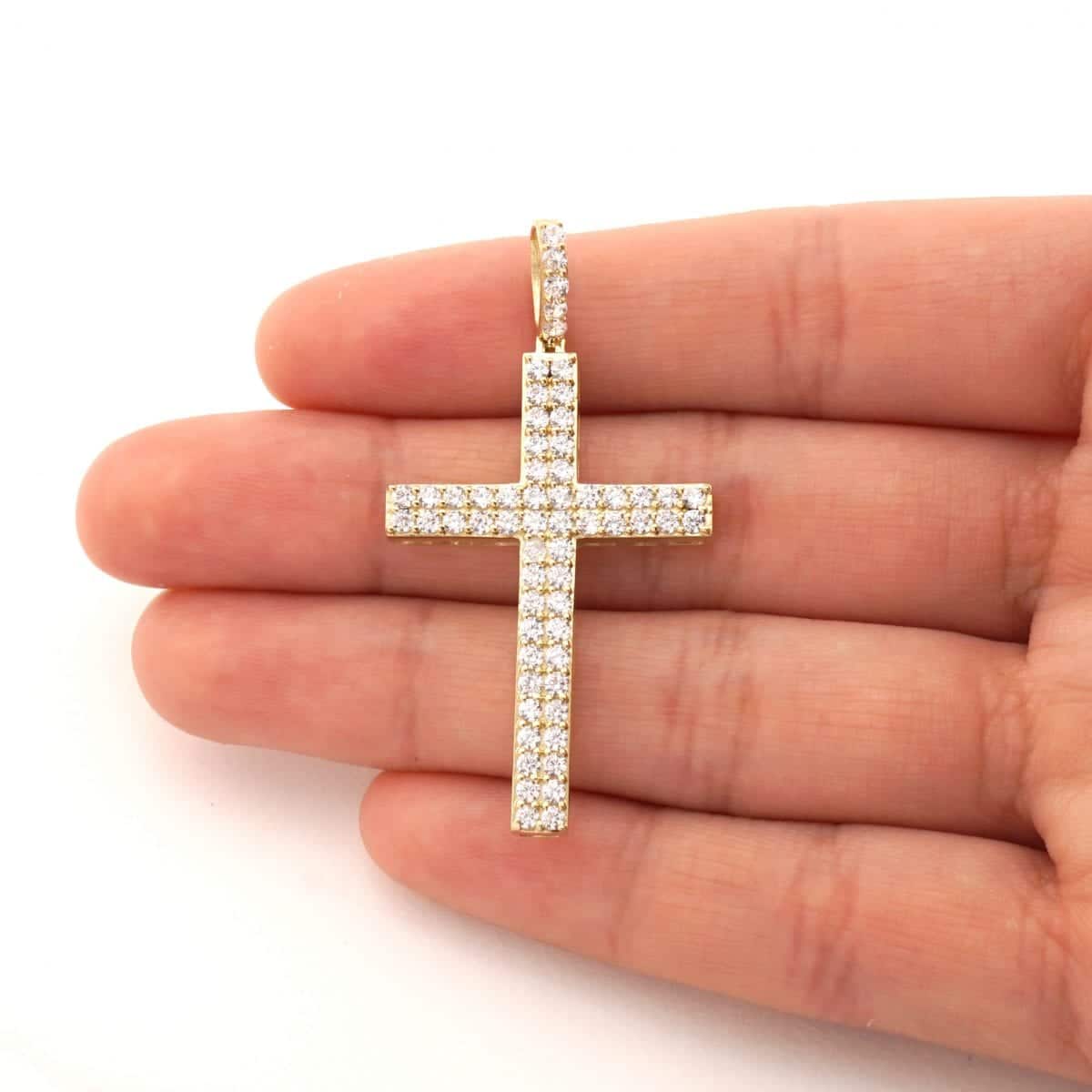 14k Solid Yellow Gold 1.75Ct Created Diamond Religious Cross Pendant 1.6"
