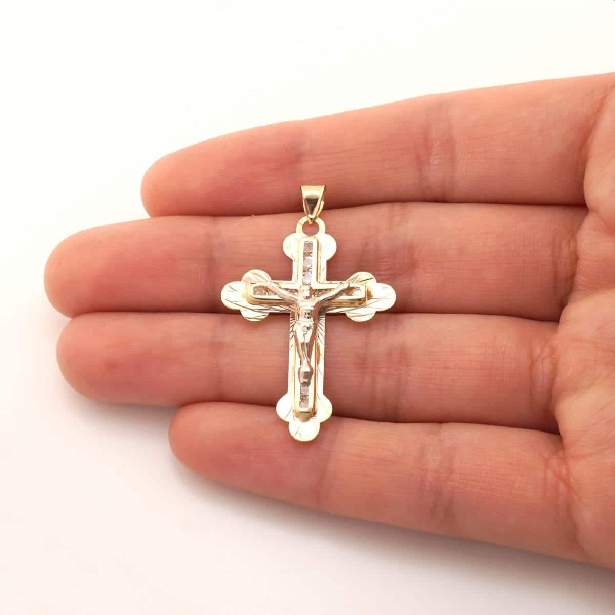 14k Solid Yellow Gold 1Ct CZ Jesus Crucifix Cross Pendant 1.6"