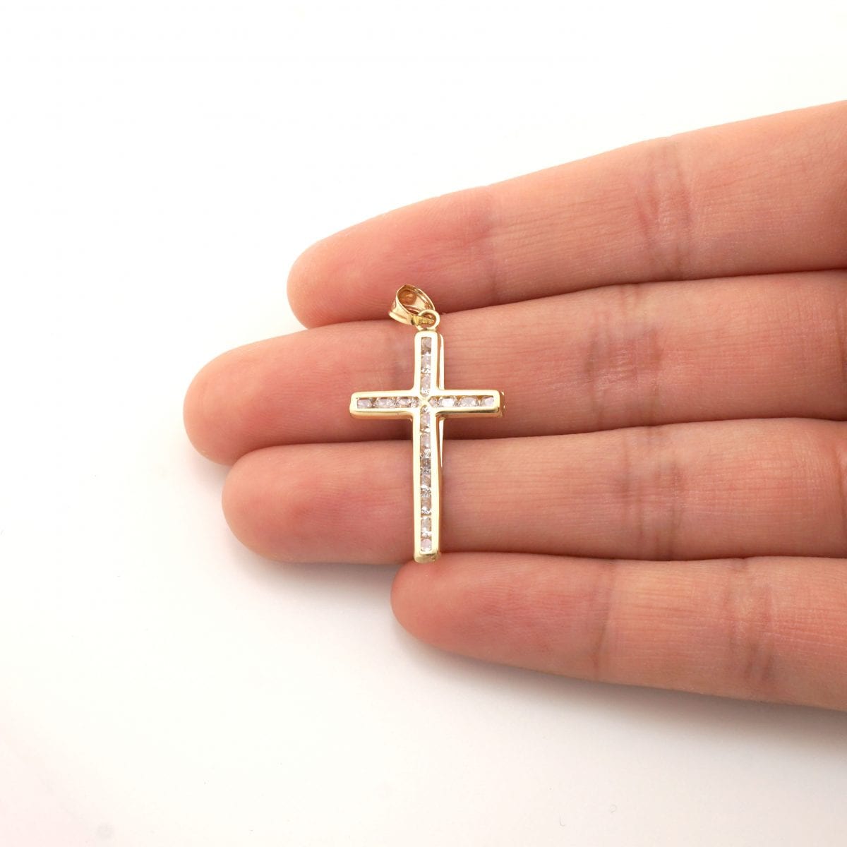 14k Solid Yellow Gold CZ Christian Cross Pendant