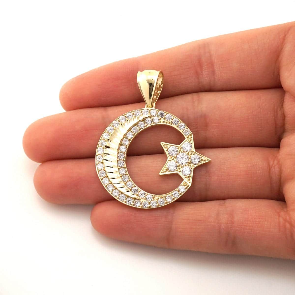 14k Solid Yellow Gold 4.5Ct CZ Star Crescent Religious Pendant 1.6"