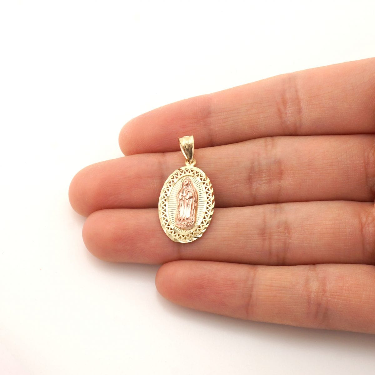 14k Solid Yellow Rose Gold Diamond Cut Our Lady Of Guadalupe Oval Charm Pendant