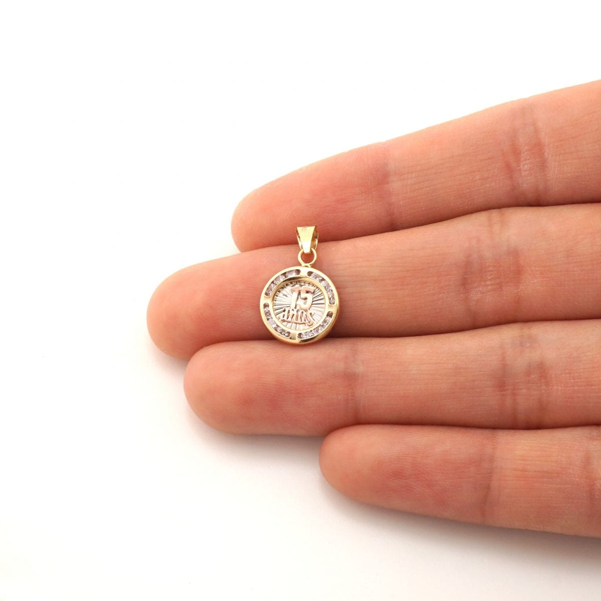 14k Yellow Rose White Gold CZ 15 Años Round Anniversary Pendant