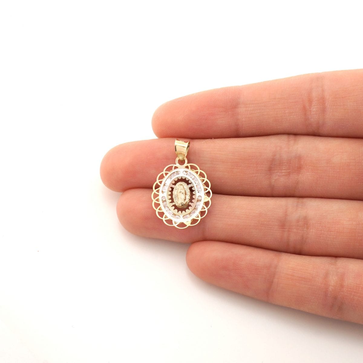 14k Yellow Gold CZ Virgin Mary Oval Charm Pendant 1"