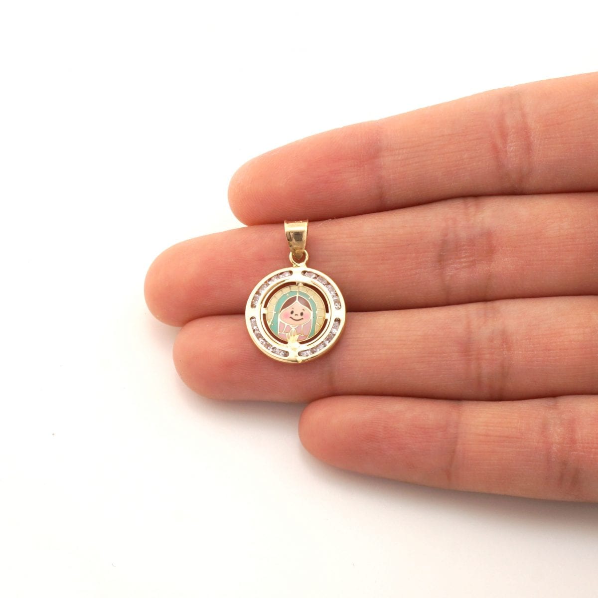 14k Yellow Gold Created Diamond & Enamel Round Virgin Mary Kid's Pendant