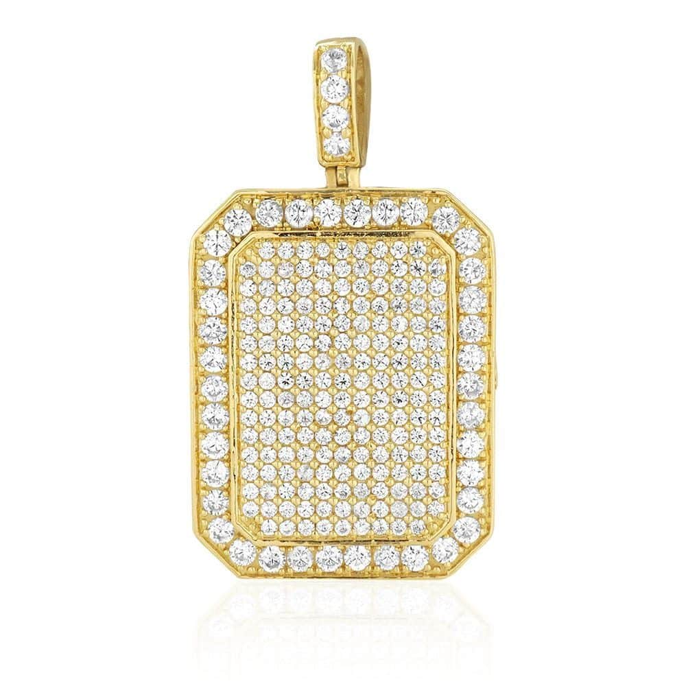 10K Real Gold 7.50Ct CZ Micro Pave Dog Tag Pendant 1.6"