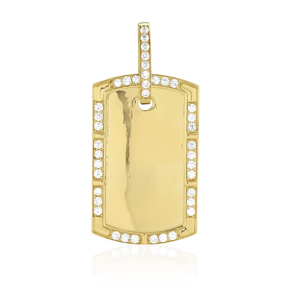 Engravable 14K Yellow Gold CZ Personalized Dog Tag Pendant 2"
