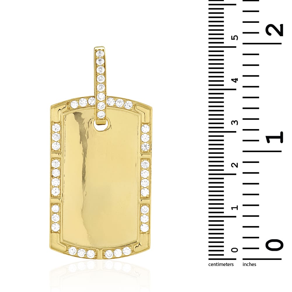 Engravable 14K Yellow Gold CZ Personalized Dog Tag Pendant 2"